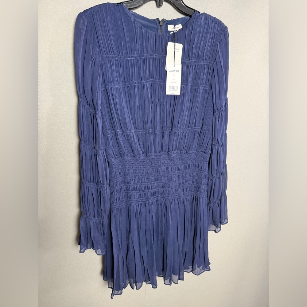 Jason Wu Navy Textured Smocked Waist Midi Dress